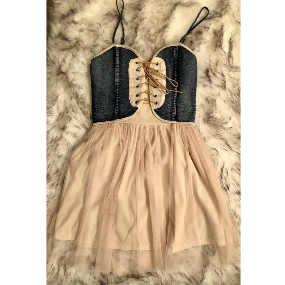 Nude and Denim Rustic/Vintage Lace Up Corset Dress